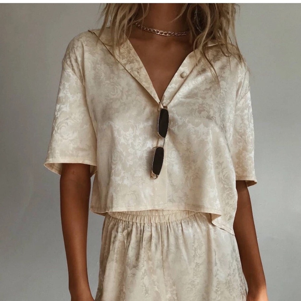 Princess Polly Juliet Shirt Champagne Floral Satin Cropped Button Up Top